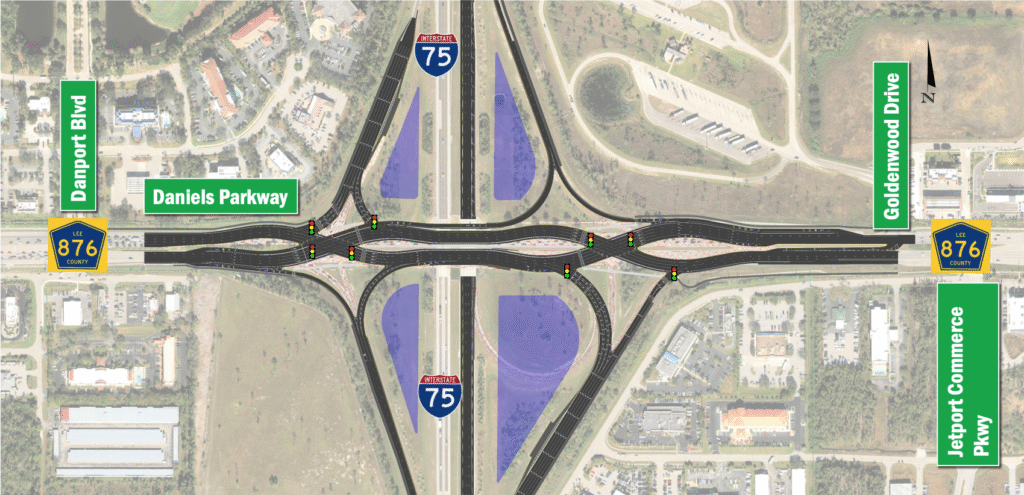 Map rendering of Diverging Diamond Interchange (DDI) design at Daniels Parkway and I-75 in Fort Myers, Florida.