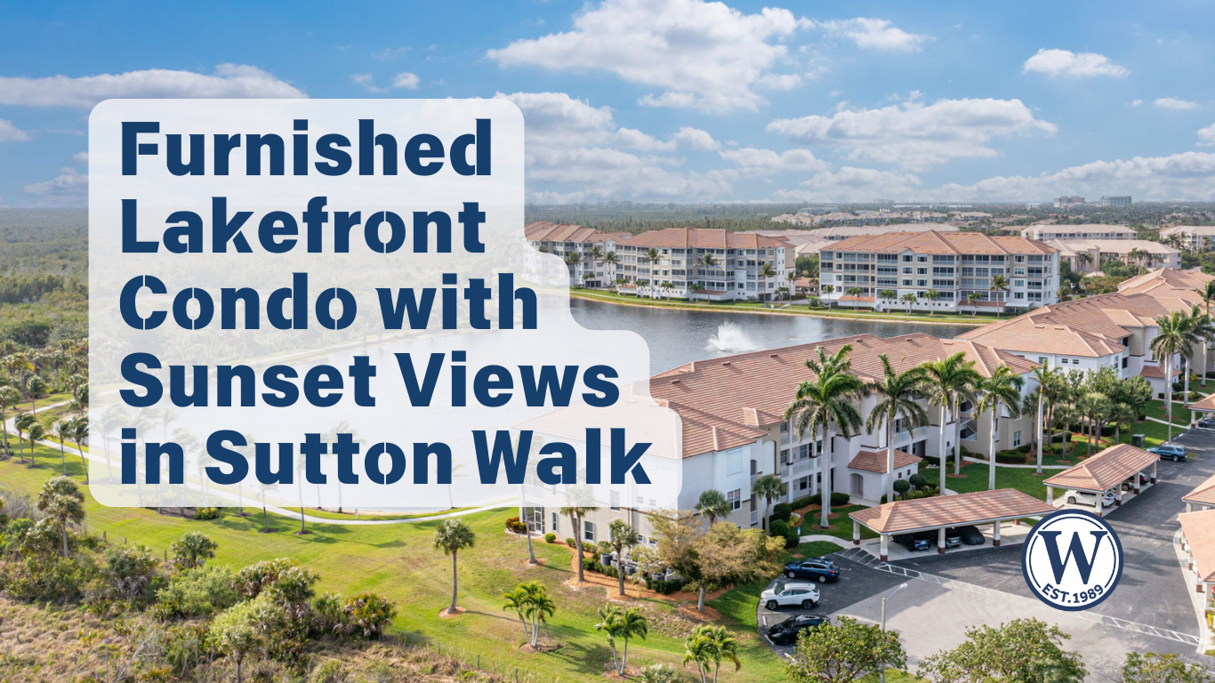 Aerial view of Sutton Walk condos in Lexington Country Club, showing lakefront buildings, palm trees, and walking paths in Fort Myers, Florida.