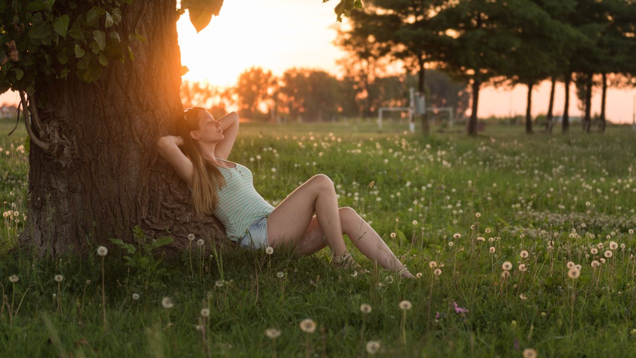 Woman relaxing under a large tree in a grassy field at sunset in Southwest Florida