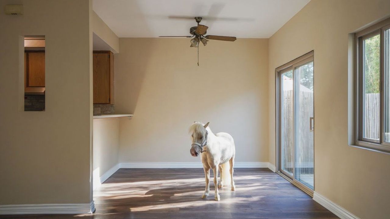 A miniature horse standing in an empty dining room with wood floors and beige walls in a Southwest Florida home