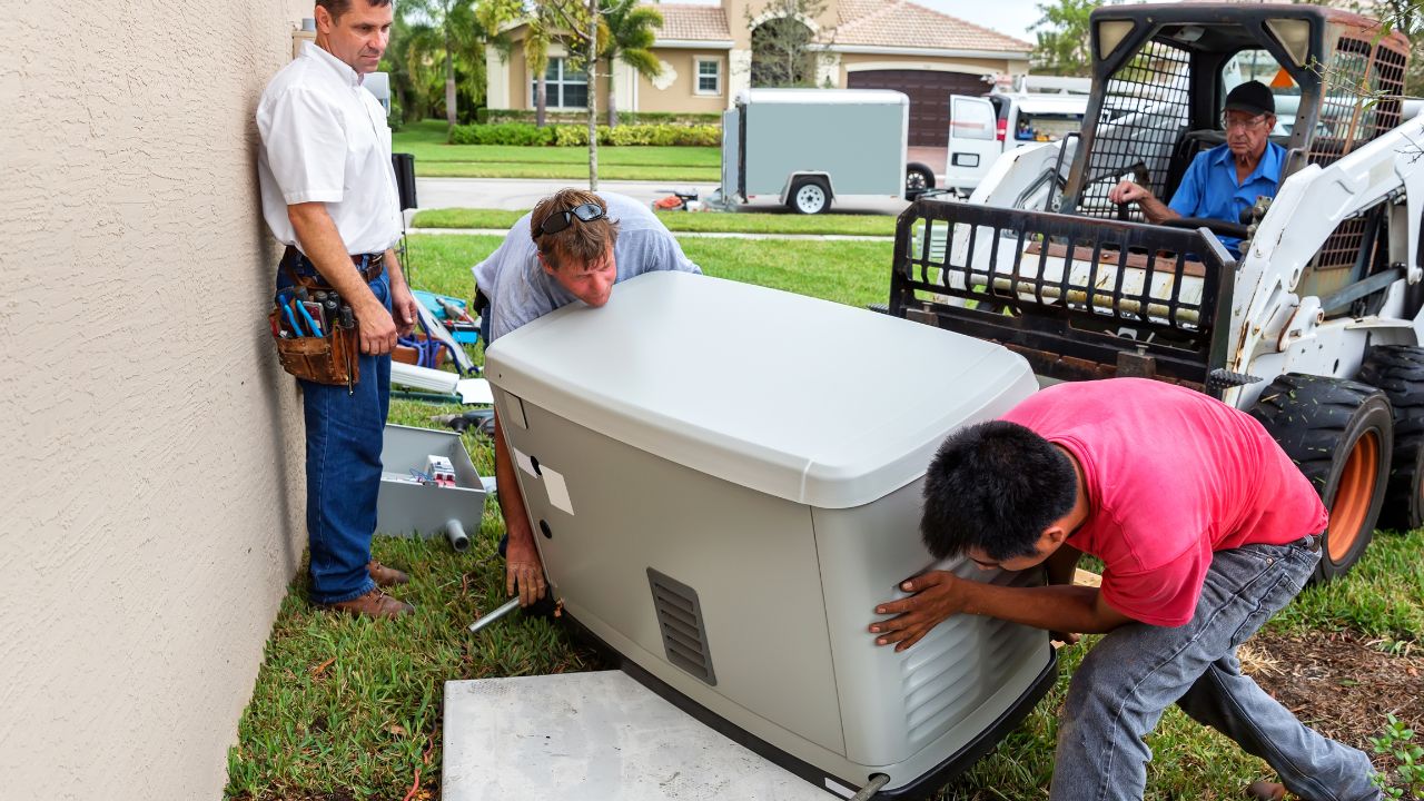 Technicians installing a standby home generator as part of a hurricane preparedness guide