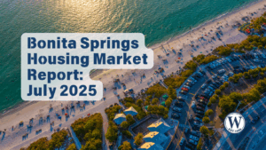 Aerial view of Bonita Beach showing shoreline, parked cars, and beachgoers at sunset in Bonita Springs, Florida.
