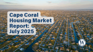 Aerial view of Cape Coral, Florida showing a grid of canals and single family homes at sunset, used for the Cape Coral Housing Market Report July 2025.