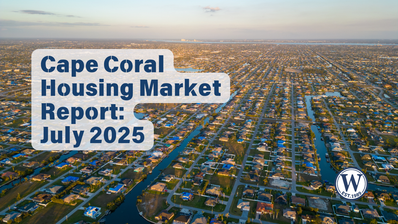 Aerial view of Cape Coral, Florida showing a grid of canals and single family homes at sunset, used for the Cape Coral Housing Market Report July 2025.