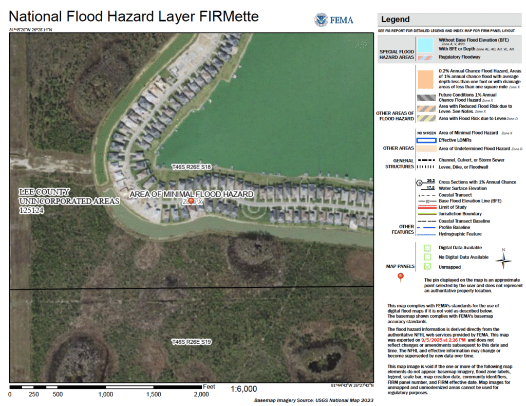 FEMA flood hazard map showing Zone X minimal flood risk area in WildBlue, an example of Lee County homes without flood insurance.