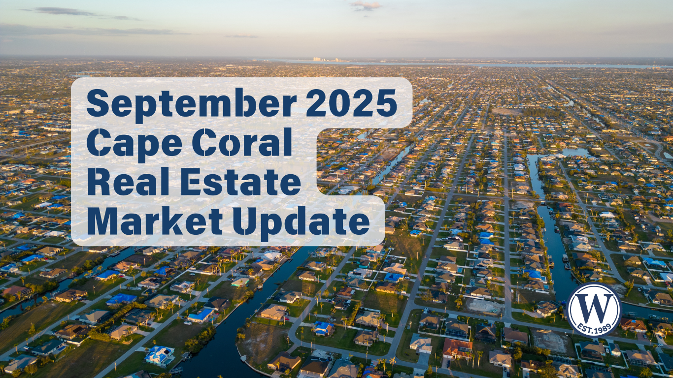 Aerial view of Cape Coral neighborhoods with canals at sunset, featured image for September 2025 Cape Coral Real Estate Market Update.