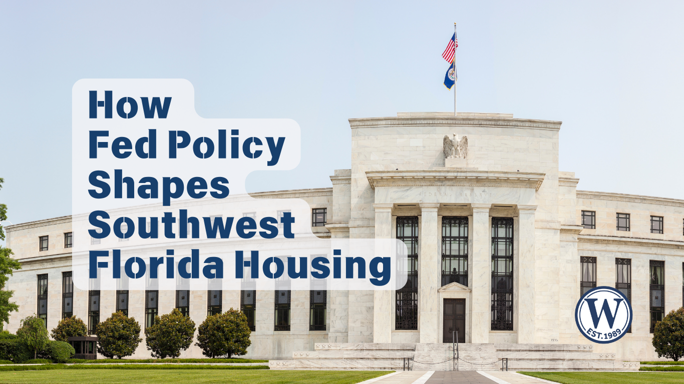 Federal Reserve building with text overlay about how Fed policy shapes Southwest Florida housing