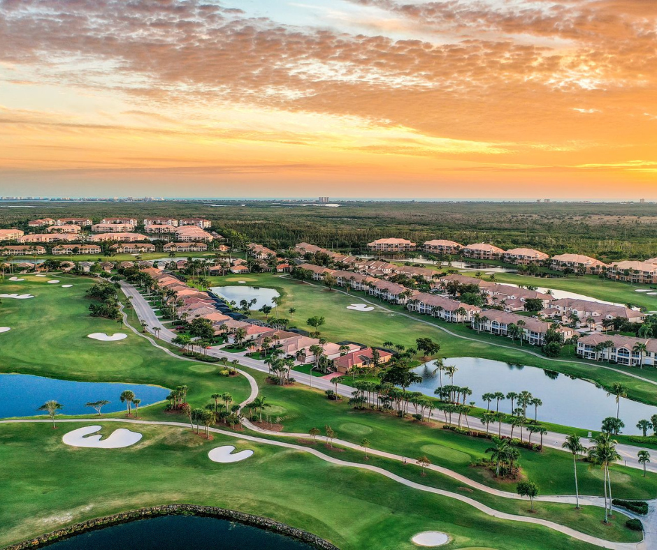 Aerial view of Lexington Country Club, a golf and waterfront community in the Southwest Florida housing market 2025