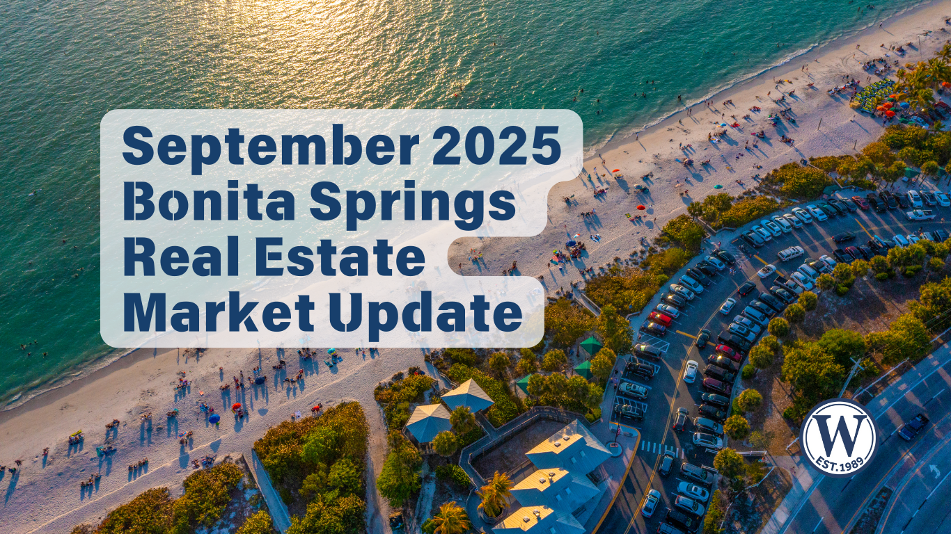 Aerial view of Bonita Springs beach at sunset with crowds along the shoreline and cars parked nearby, featuring text overlay “September 2025 Bonita Springs Real Estate Market Update.”