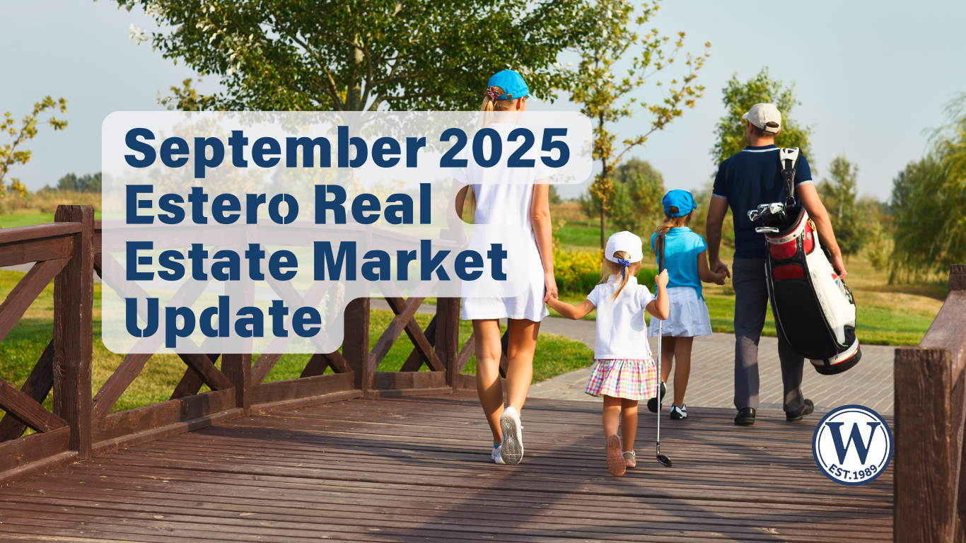 Family walking across a wooden bridge toward an Estero golf course, with a golf bag and text overlay reading “September 2025 Estero Real Estate Market Update.”