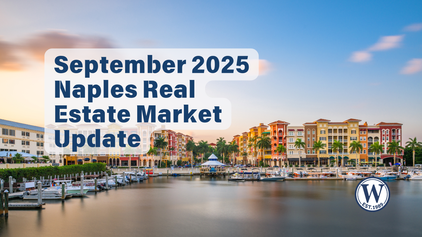Sunset waterfront view in Naples, Florida with canalside homes and mid-rise buildings, featuring the text overlay “September 2025 Naples Real Estate Market Update.”