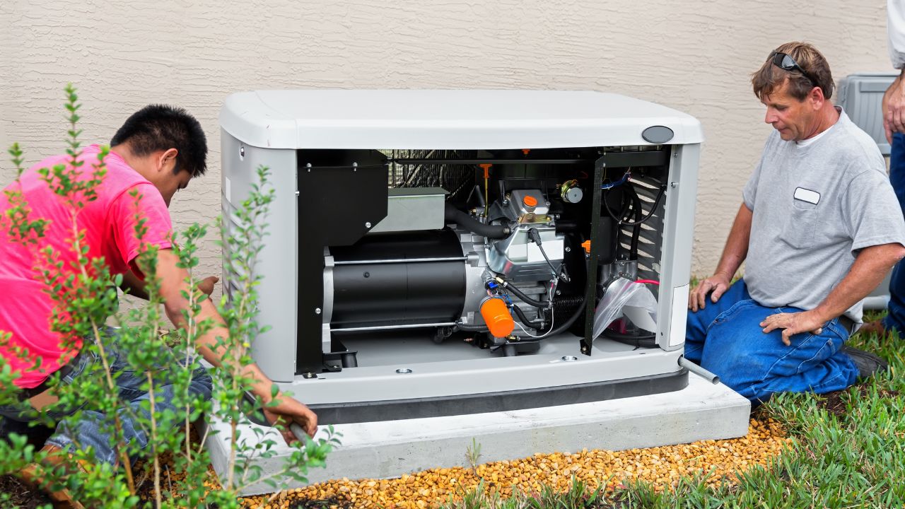 Technicians installing a standby generator to improve Southwest Florida generator safety before hurricane season