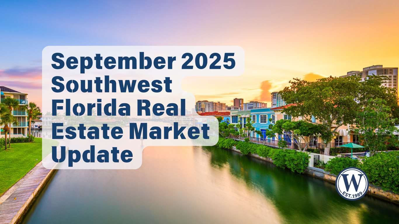 Sunset waterfront neighborhood in Southwest Florida with colorful homes, palm trees, and condos, used as the featured image for the September 2025 housing market update.