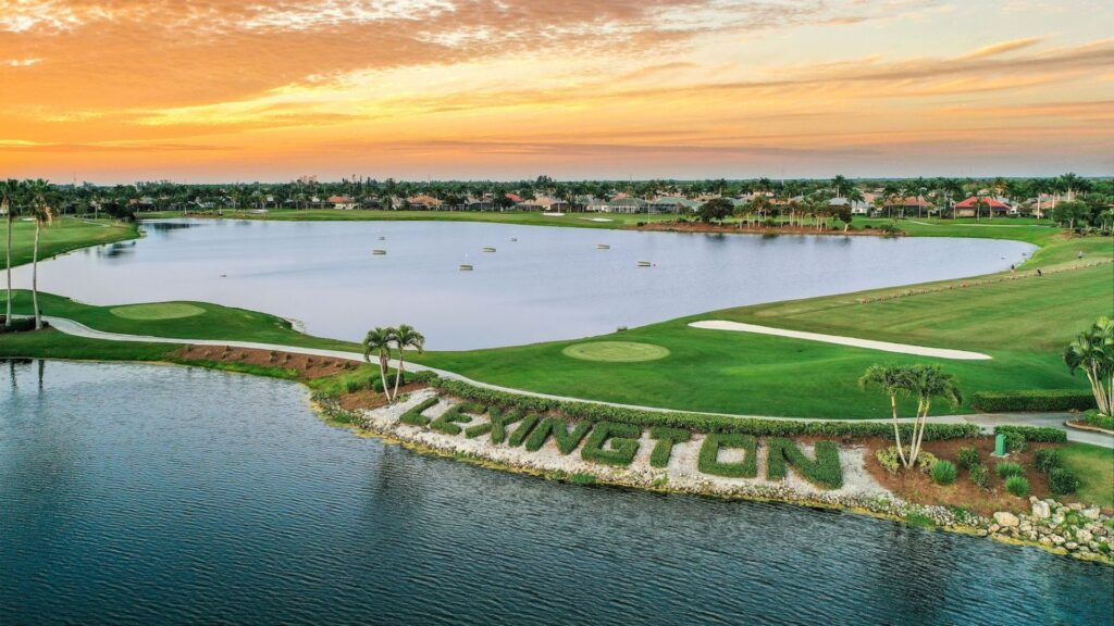Lexington Country Club Market Update photo showing the lake, golf course, and surrounding homes at sunset in Fort Myers.