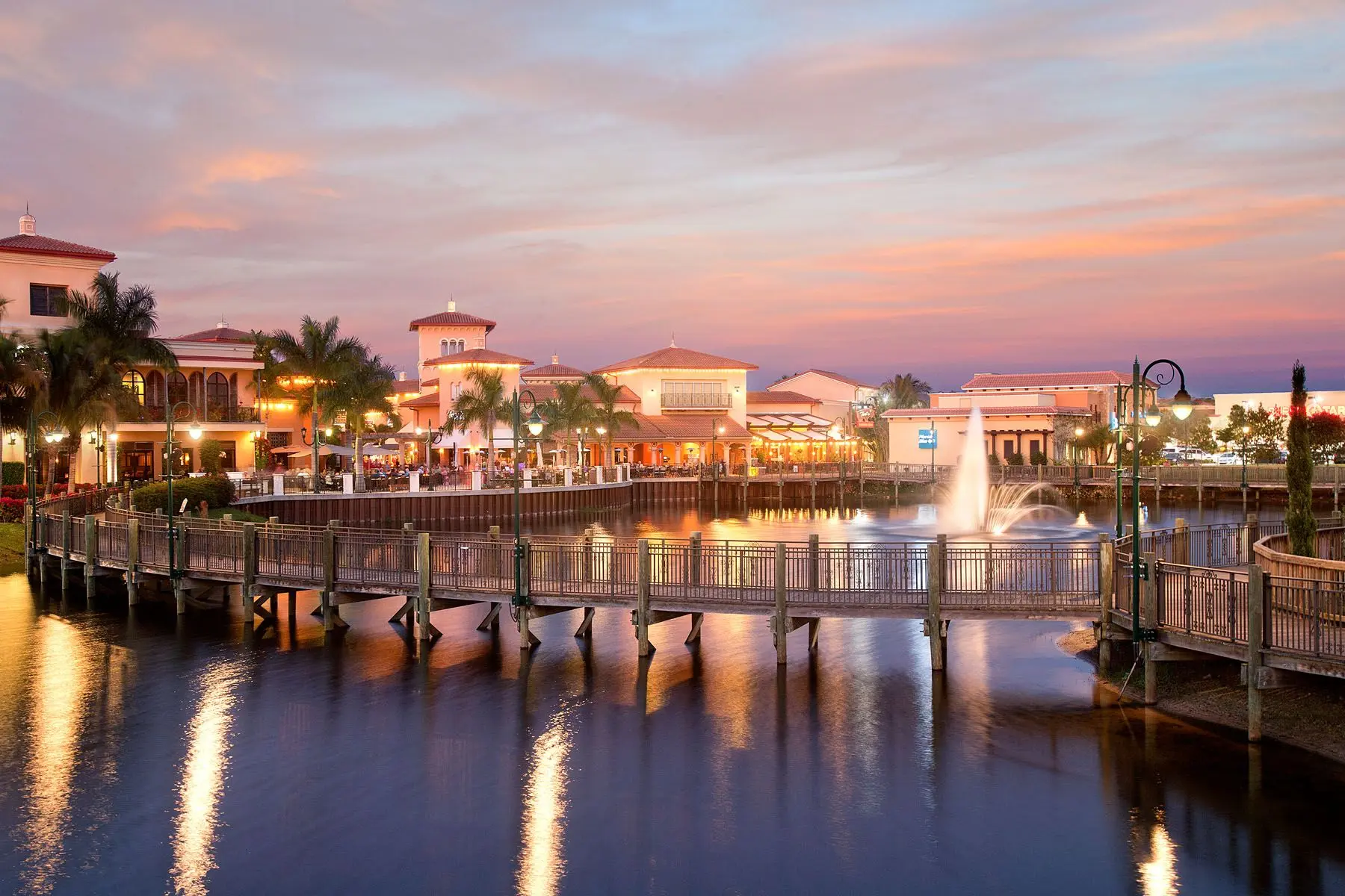 Coconut Point shopping and dining district in Estero Florida at dusk