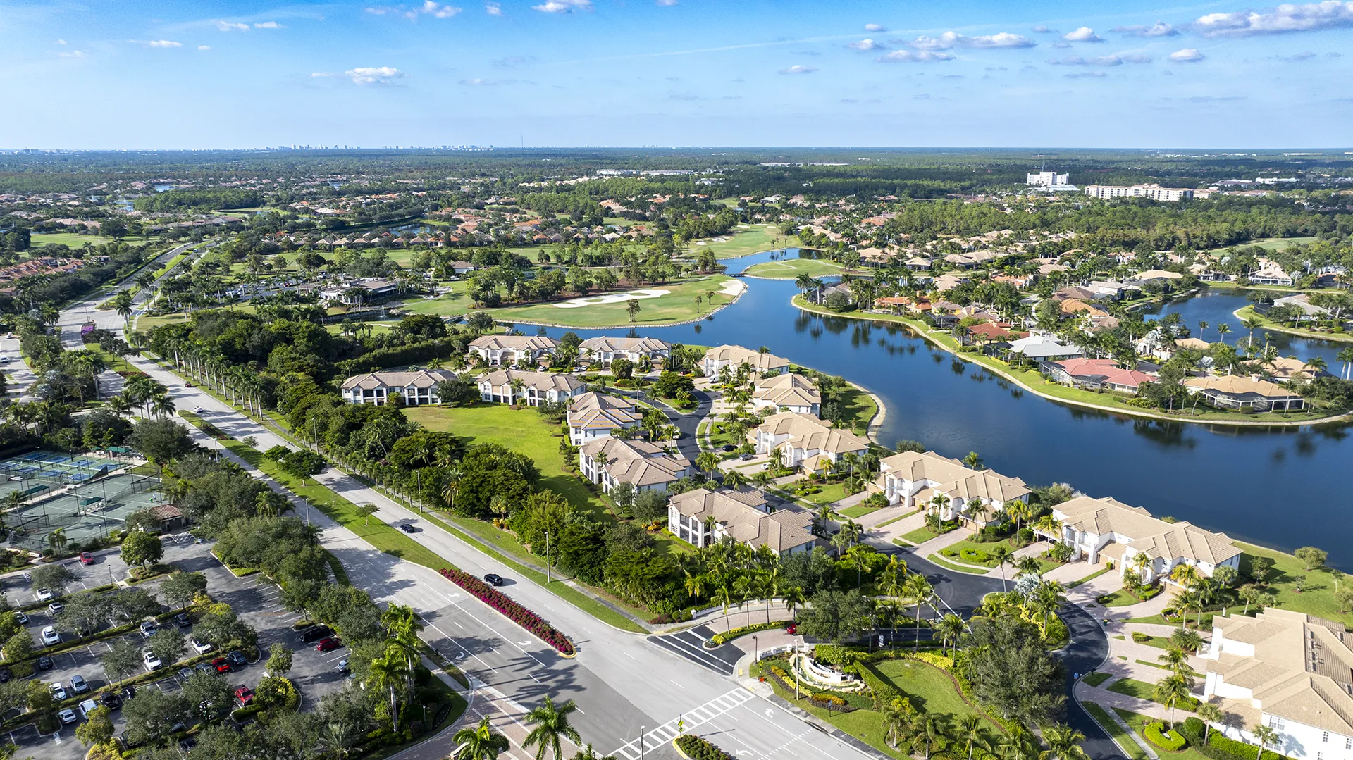 Aerial view of Lely Resort in South Naples, FL, a master-planned golf community with homes for sale featuring championship courses, lakes, and diverse neighborhoods