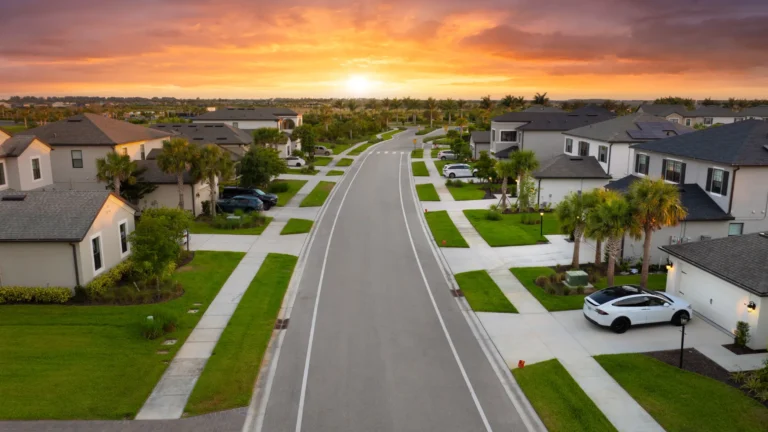 Aerial view of a Southwest Florida residential neighborhood with single-family homes at sunset