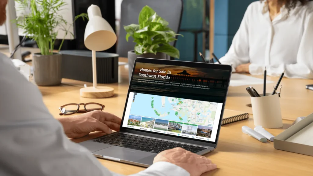 Active listings real estate map showing homes for sale in Southwest Florida on laptop screen