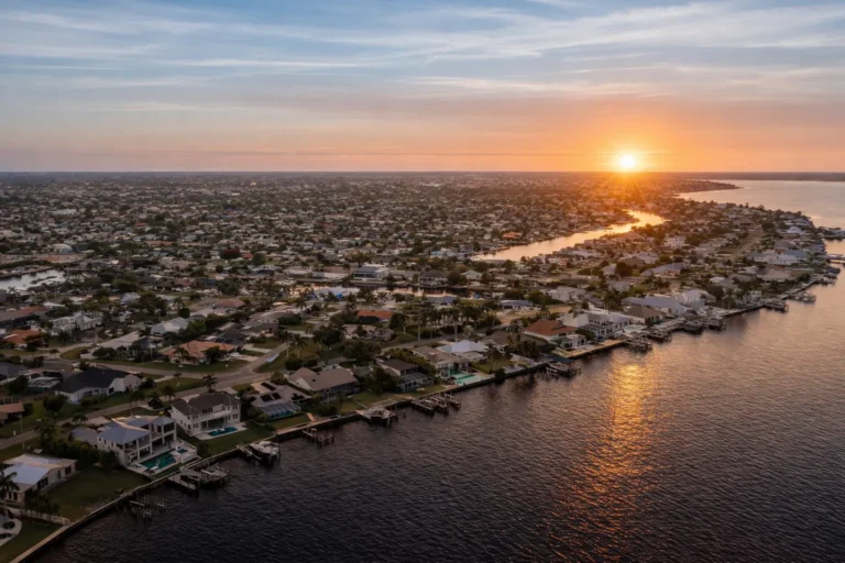 Aerial sunset view of a waterfront neighborhood with canal homes, docks, and boats along a wide bay.