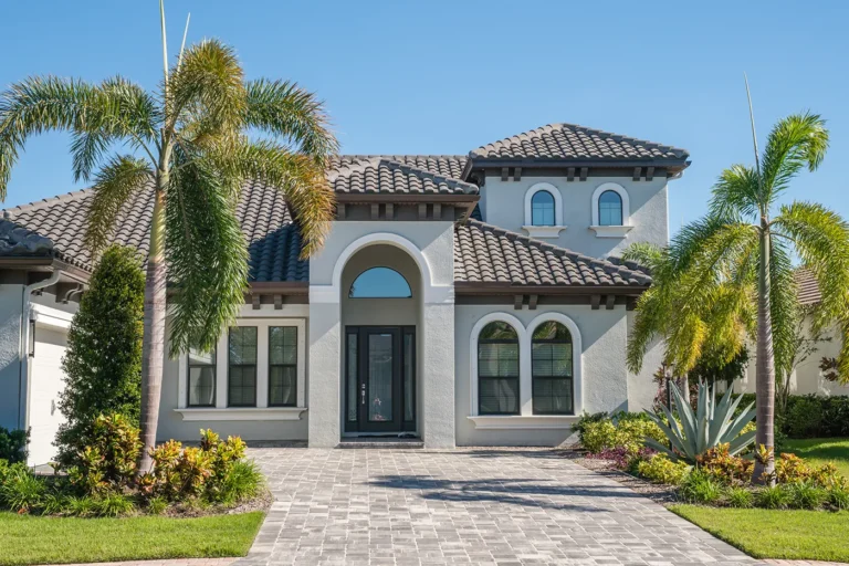 Mediterranean-style single-family home with paver driveway and palm trees in Estero