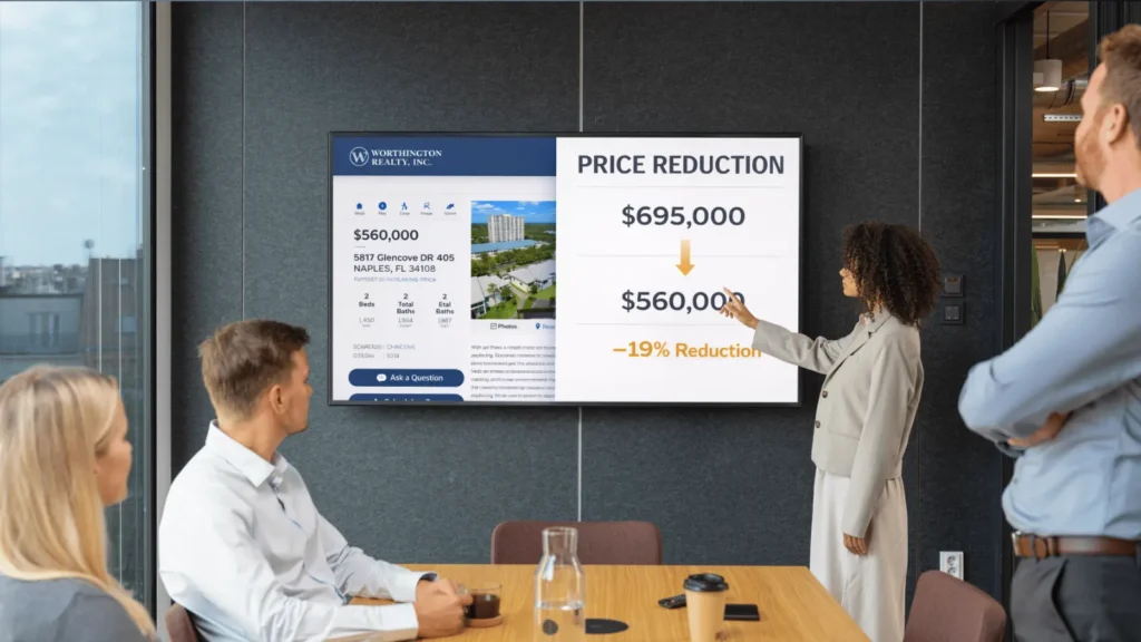 Price reductions in real estate showing a home reduced from $695,000 to $560,000, a 19% decrease in Naples Florida