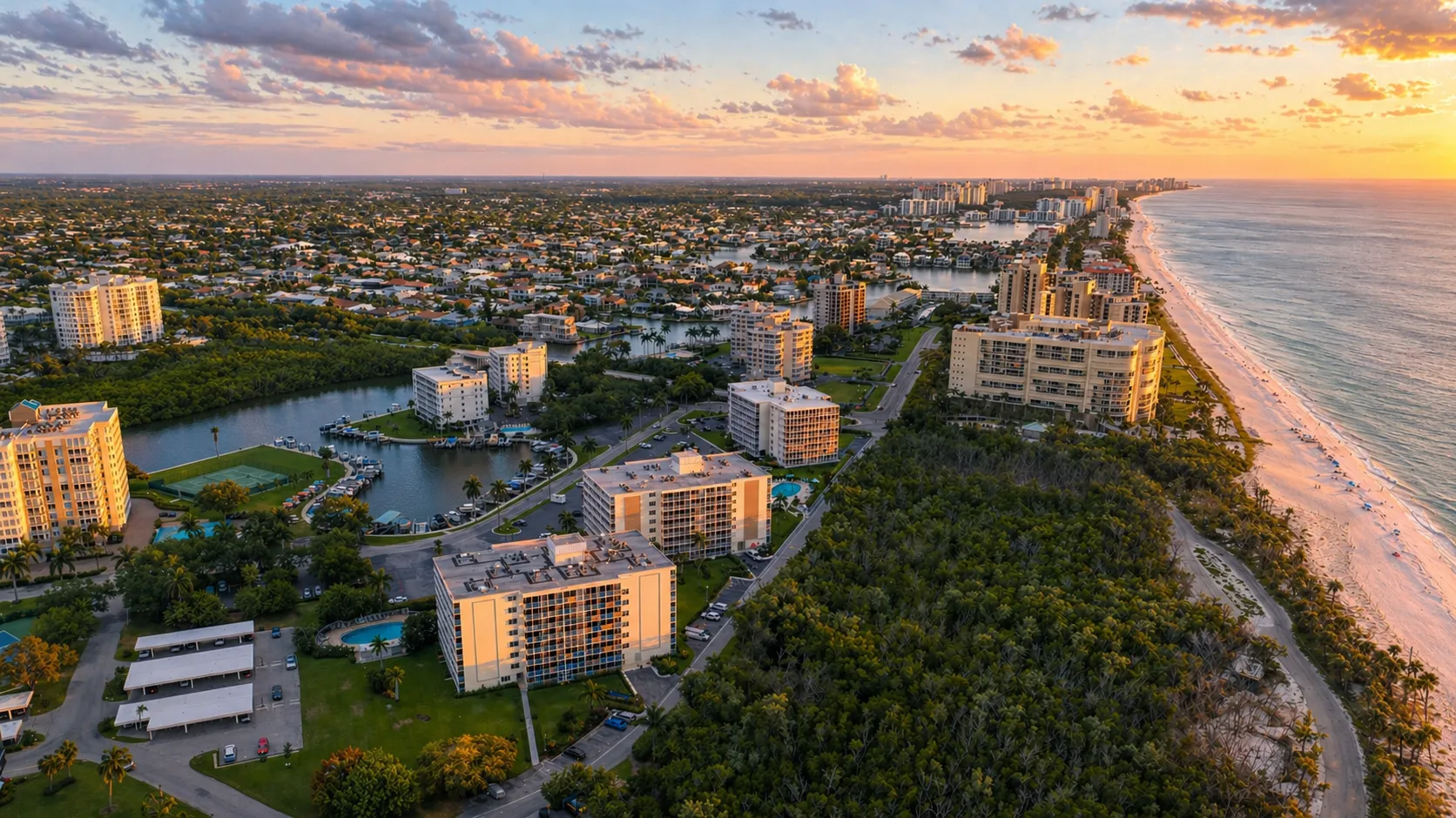 Aerial sunset view of Baker-Carroll Point condos on the Bluebill Avenue peninsula at the north end of Vanderbilt Beach in Naples.