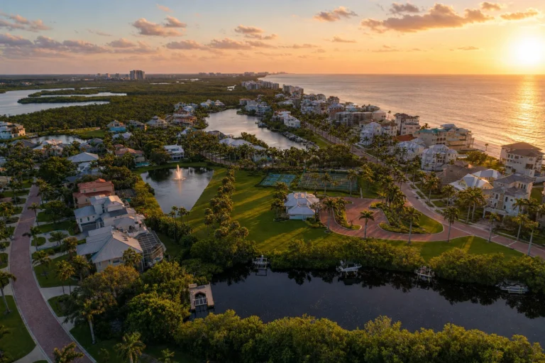 Aerial view of Barefoot Beach gated community showing the red-brick boulevard, bay-side homes with private docks, central green with tennis courts, Gulf-front estates, and the beach.
