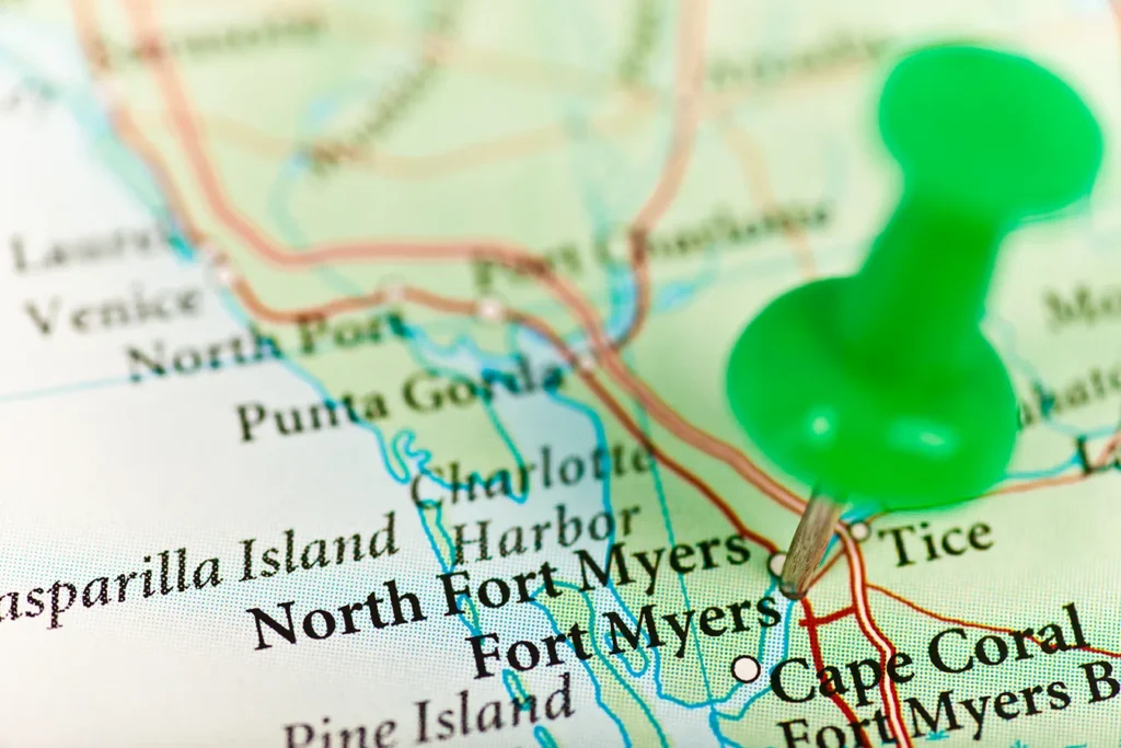 Map of Fort Myers and Cape Coral, Florida with pushpin — who is moving to Southwest Florida from the Midwest and Northeast