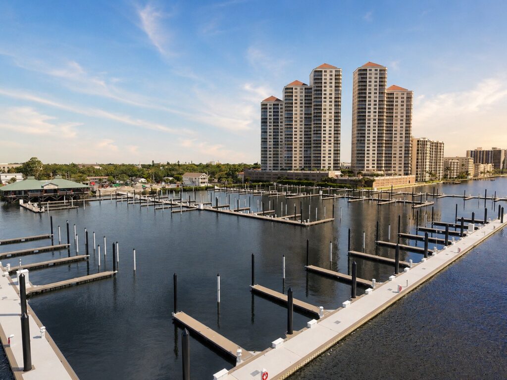 Legacy Harbour Marina in downtown Fort Myers showing the 131 new slips and modern dock infrastructure ready for spring reopening