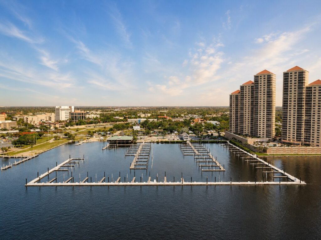 Legacy Harbour Marina in downtown Fort Myers showing the 131 new slips and modern dock infrastructure ready for spring reopening