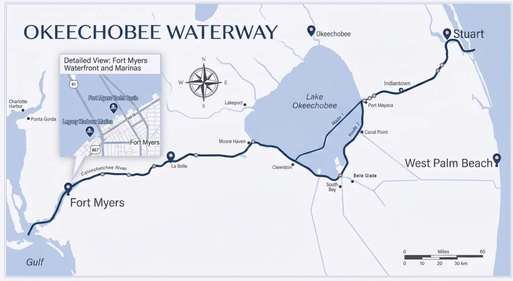 Map of the Okeechobee Waterway from Fort Myers to Stuart, showing the route across Lake Okeechobee with major cities, locks, bridges, and an inset detail of downtown Fort Myers marinas