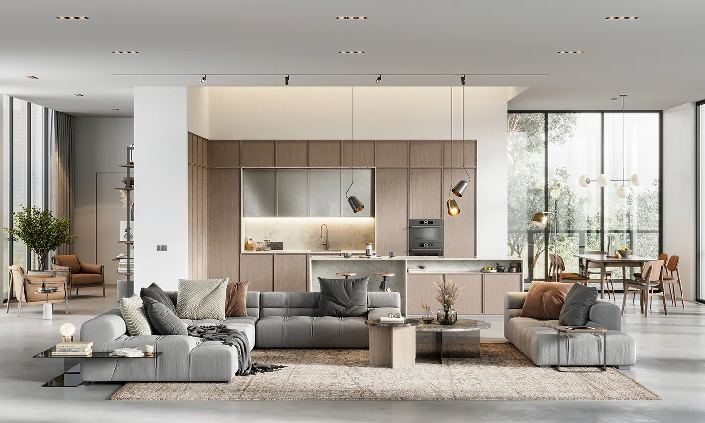 Open-concept living room and kitchen in a modern Southwest Florida home, the kind of property you can search homes without registering to view.