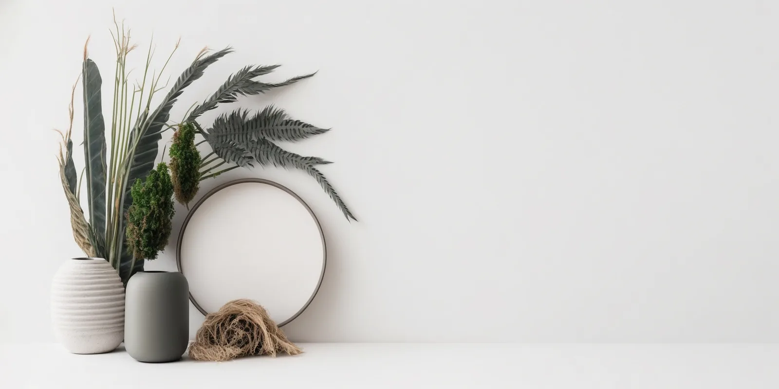 Simple neutral decor vignette with vases, a round mirror, and dried stems