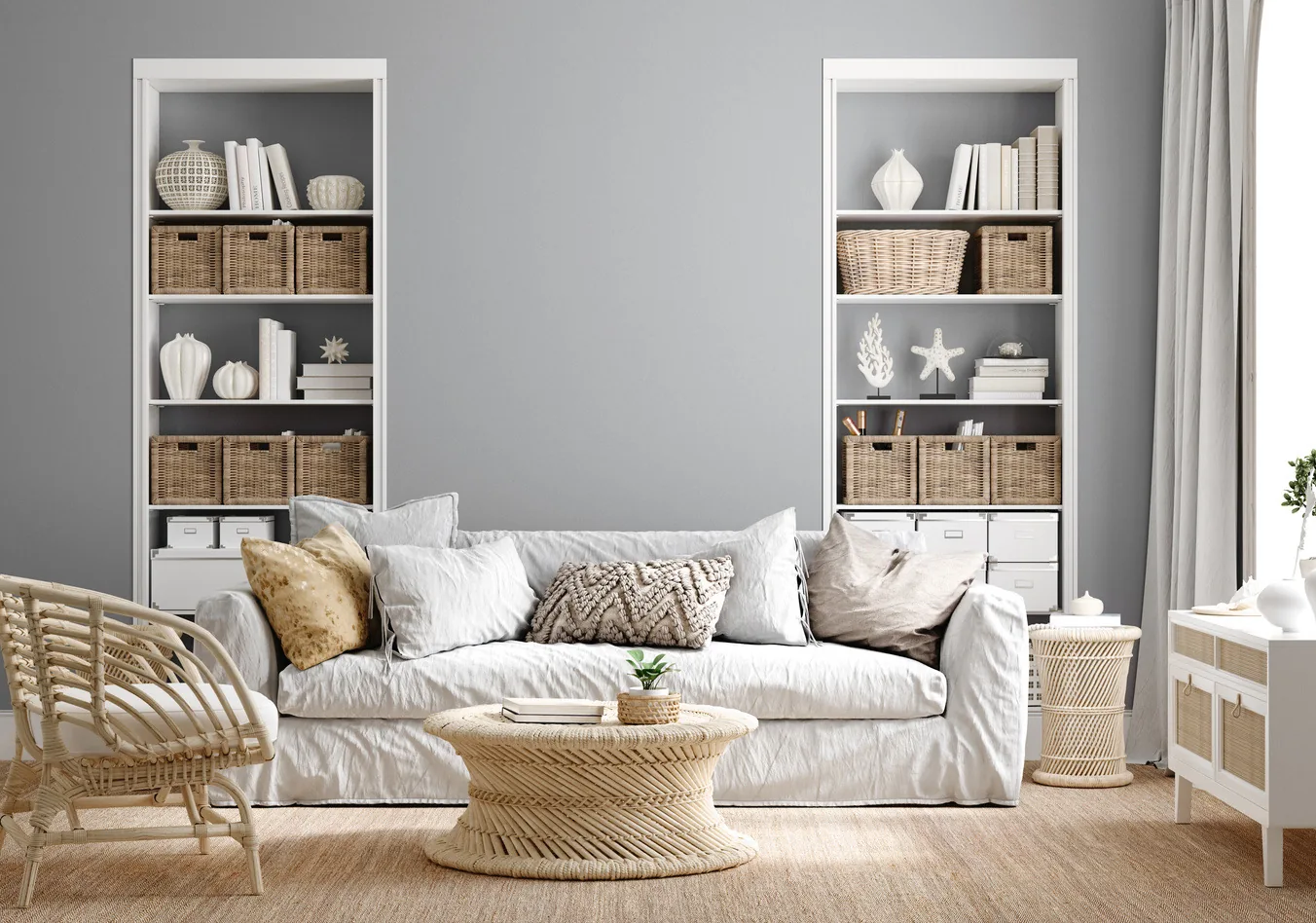 Comfortable family room with a white sofa and styled built-in bookshelves