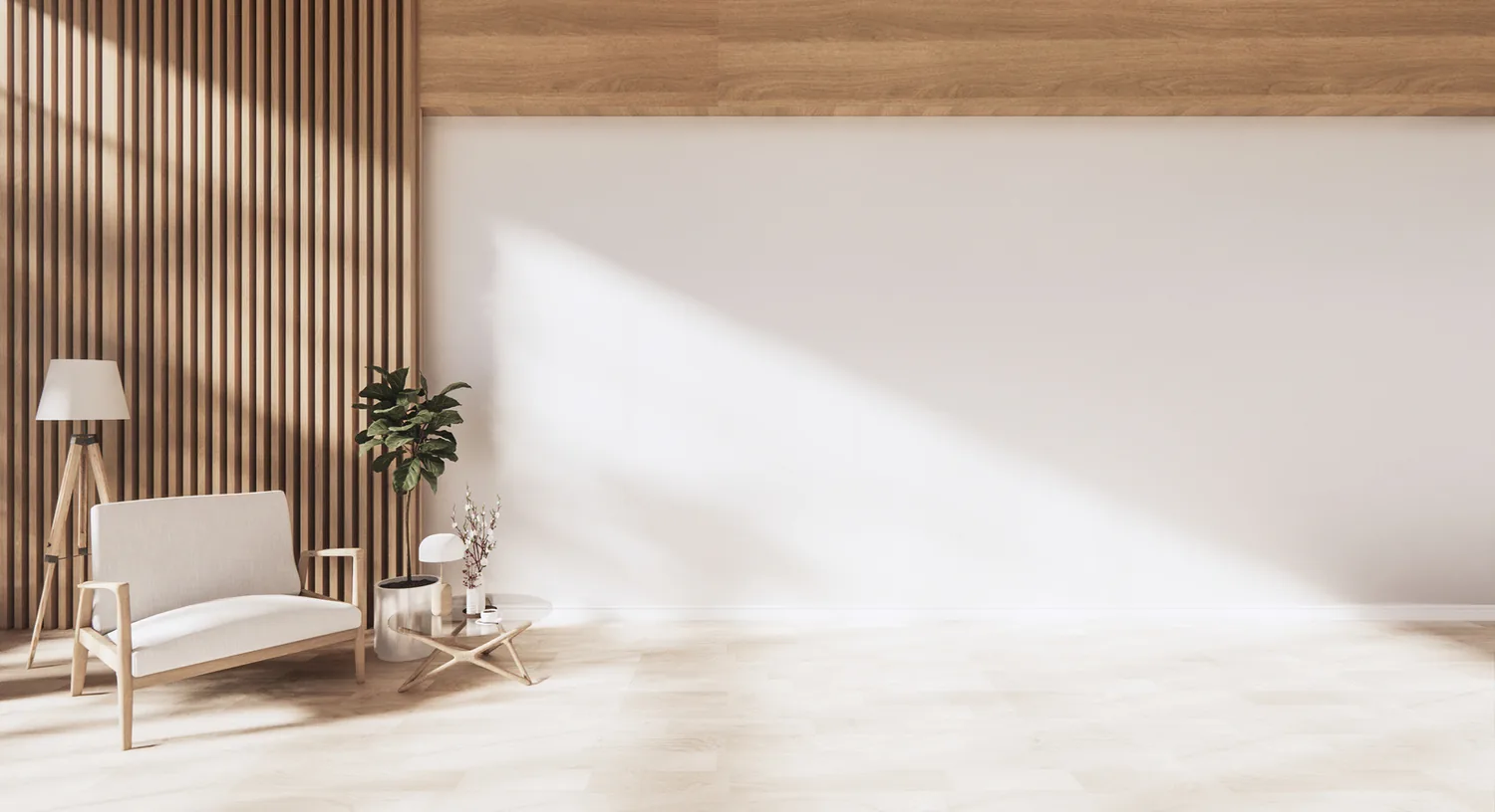 Bright, neutral living room with a single accent chair and a wood-slat wall