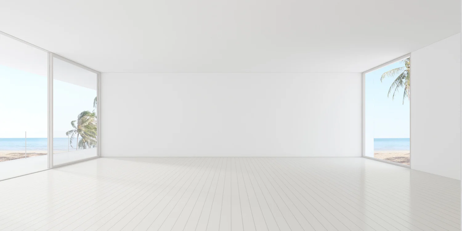Vacant coastal living room with an ocean view before virtual staging