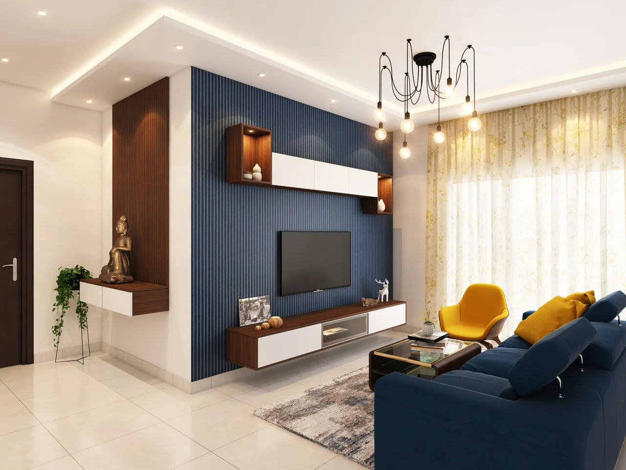 Staged living room with a navy sectional, accent chairs, and a wood feature wall